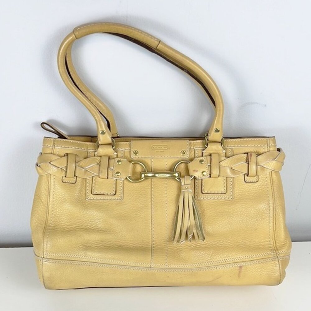 Coach Hamptons Butter Yellow Pebbled Leather Braided Tassel Satchel Bag 10529